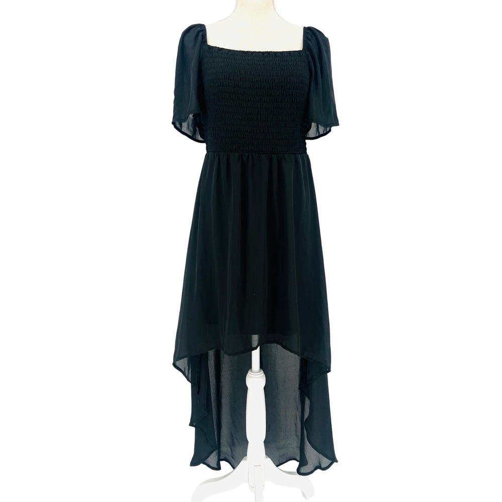 Lily Rose High Low Dress Womens Large Black Smocked Chiffon Flutter‎ Sleeve Goth